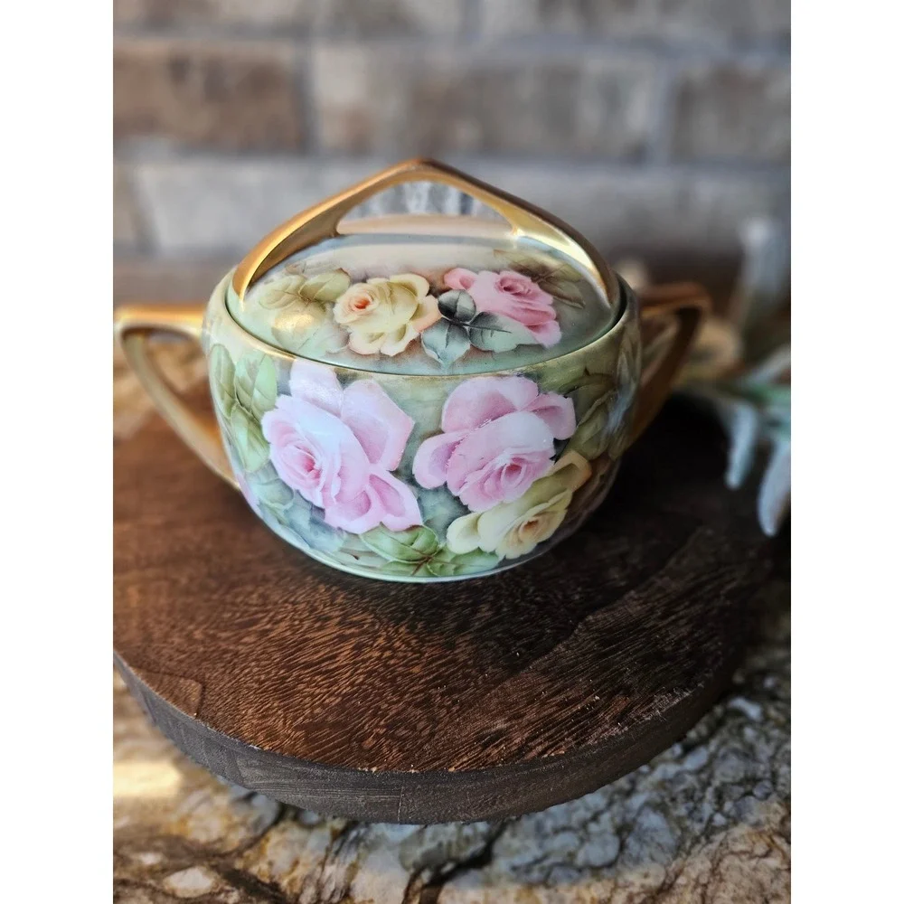 Vintage‎ Hand Painted Porcelain Sugar Bowl Pink Yellow Roses Gold Gilt Handles